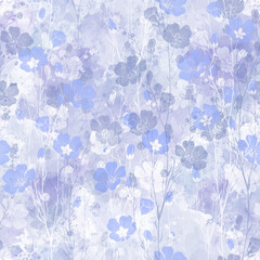 Art floral background. Seamless pattern with hand drawn flowers on lilac watercolor background. Vector.  Perfect for wallpaper, wrapping, fabric and textile.