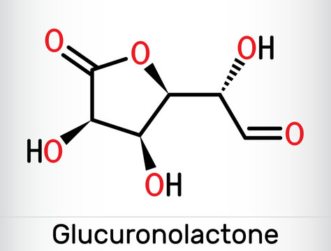 Glucuronolactone molecule. It is naturally occurring substance, used in energy drinks. Skeletal chemical formula