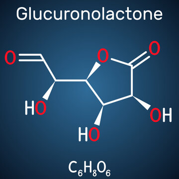 Glucuronolactone molecule. It is naturally occurring substance, used in energy drinks. Structural chemical formula on the dark blue background.