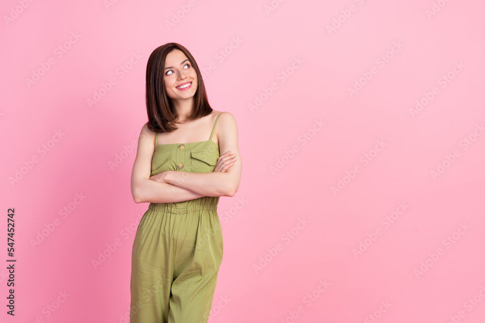 Sticker Photo of nice lovely optimistic girl with bob hairstyle wear khaki overall arms folded look empty space isolated on pink color background