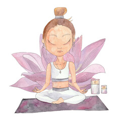 Watercolor Illustration - Hand-drawn girl meditating, yoga and lotus flower