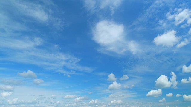 Fluffy layered clouds sky atmosphere. Majestic amazing blue sky with clouds. White and blue colors. Timelapse.