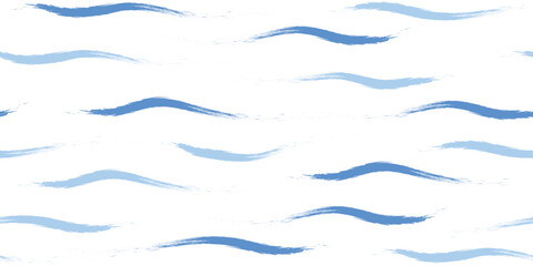Seamless Wave Pattern, Hand drawn cute water vector background. Watercolor sea brush smears, baby paint lines design