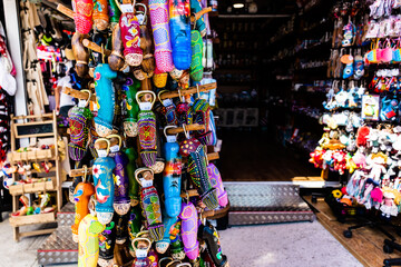 Collection of bottle openers in different colors, souvenirs for tourists. Split, Croatia.