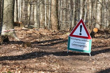 Verkehrsschild 101: Durchgang verboten, Vorsicht Lebensgefahr, Forstarbeiten im Wald