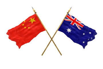 Background for designers. National Day. 3D model National flags  of People's Republic of China and Australia