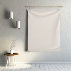 Blank white wallpaper hanging on the wall, design mock up, 3d rendering. Paperhanging surface mockup. Home decoration tapestry scroll template. Blanket canvas in the room interior.