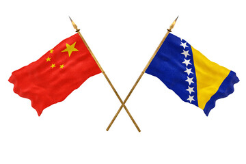 Naklejka na ściany i meble Background for designers. National Day. 3D model National flags of People's Republic of China and Bosnia and Herzegovina