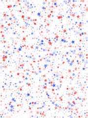 Flying red blue white star sparkles on white vector american patriotic background.