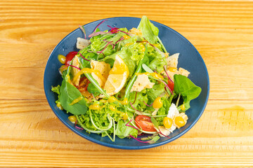 healthy food plate, Fresh, Top view on wood table.