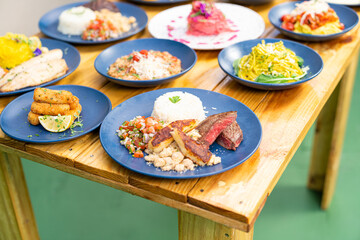 Food and drink shot of several different healthy meals using tropical fruits, inspired dishes