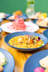 Food and drink shot of several different healthy meals using tropical fruits, inspired dishes