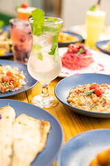 Food and drink shot of several different healthy meals using tropical fruits, inspired dishes