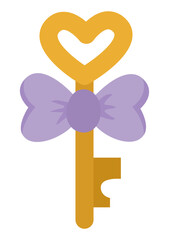 Vector golden key icon. Beautiful lock element tied with purple ribbon and bow isolated on white background. Wedding or marriage symbol illustration