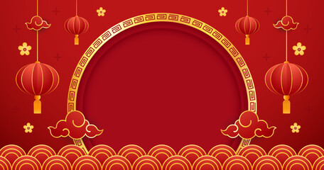 Happy Chinese new year 2023. Chinese new year banner with circle for show product. Greeting card. China frame with lantern on red background.