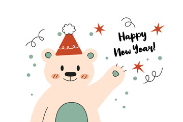 New Year Christmas card cute teddy bear in santa hat. Happy new year greetings. Kawaii vector illustration isolated on white background.
Happy new year lettering, hand drawn, doodle