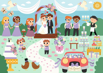 Vector wedding scene. Cute marriage ceremony illustration with just married couple in the arch, registrar, bridesmaids and bridegroom, candy bar, cake. Cartoon matrimonial sea landscape