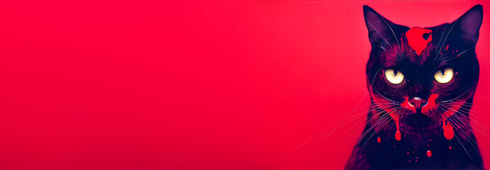 Horizontal and panoramic red banner with a bloody black cat. Strong visual defending the animal cause and violence against animals. With copy space. - obrazy, fototapety, plakaty