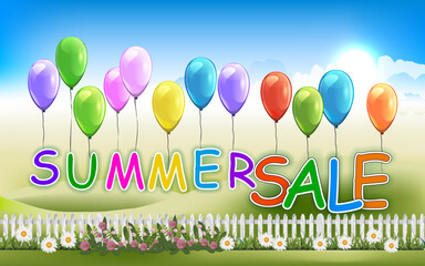 The words «SUMMER SALE» hang on balloons against the backdrop of a bright summer landscape with hills. Design of colored elements for poster or flyer on the topic of summer sales. Vector illustration.