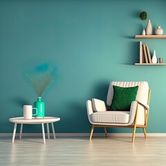 Empty bright modern living room mock up with blue armchair and coffee table with decoration on empty green wall background, living room interior background, 3d rendering