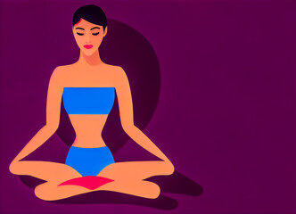 Fototapeta na wymiar A woman is sitting in a lotus position, practicing meditation or yoga. Her posture is balanced and colorful drawings are used in a flat design style to create an icon or modern design.
