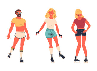Retro Dressed Man and Woman Roller Skater in Shorts Roller Skating and Smiling Vector Set © topvectors