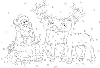 Santa Claus sitting on his bag of gifts and friendly talking to reindeer before a magical Christmas journey, black and white vector cartoon illustration for a coloring book page