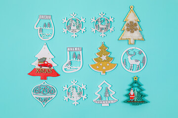 Christmas toys, Christmas decorations on a blue background.