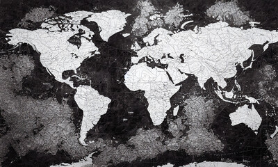 Creative black and white world map with a deep crackle and crackle structure. Gives an air of luxury and love of art.