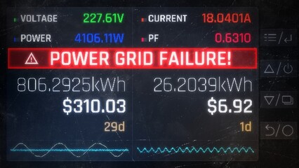 Electric meter showing power grid failure, problems with electricity, outage. Power plant failure, electricity cut, storm