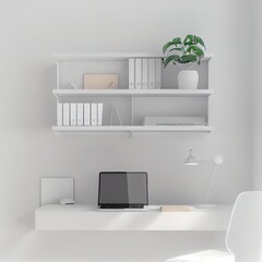 Modern minimal white home or apartment workspace interior design with laptop mockup on white studio desk, white bookcase, indoor plant, decor and shelf on the white wall. 3d rendering, 3d illustration