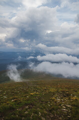 Beautifull over clouds view of Chornohora highest mountain range in Western Ukraine after the storm.
