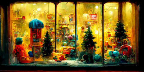 Null Christmas toy store front or window, decorated with lights and other symbols of Christmas. Retro and vintage style, very strong color. Ideal for a background that attracts the eye.