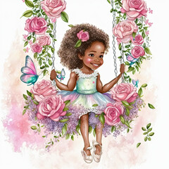 Fototapeta premium An adorable, African American, beautiful cute princess, sitting on a swing, smiling, flowers, watercolor, portrait, pink, doll like, AI concept generated finalized in Photoshop by me
