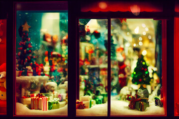 The Toy Store's window is decorated with festive lights and symbols of winter, giving it a retro and vintage look. It's perfect for a background that will draw the eye.