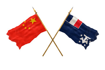 Background for designers. National Day. 3D model National flags  of People's Republic of China and French southernd antarctic lands