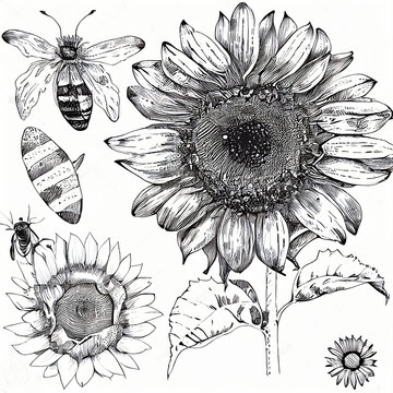 Sunflower and Bee Drawing Sketch Outline  