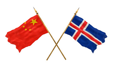 Background for designers. National Day. 3D model National flags  of People's Republic of China and Iceland