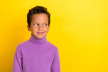 Photo portrait of adorable small schoolboy smile look shopping copyspace dressed stylish purple...