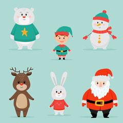 Set of funny Christmas characters. Christmas characters. Collection with Santa Claus, elf and cute animals