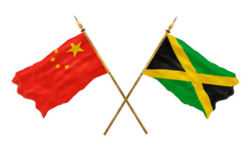 Background for designers. National Day. 3D model National flags  of People's Republic of China and Jamaica