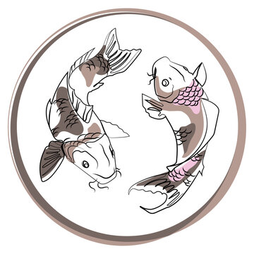 Modern Koi Fish logo,emblem template design.Vector illustration. Creative Japanese Asian Carp line icon.Two Goldfish in a round frame brand symbol.Modern minimal art drawing of koi carp