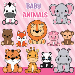 Cute Baby Animals Illustration. set including lion, tiger, Hippo, fox, pig, bear, panda, monkey, zebra, and giraffe. Safari jungle animals vector