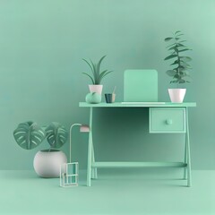 Pastel green monochrome minimal office table desk with plant pot. Minimal idea concept for study desk and workspace. Stay at home and work from home concept. Mockup template, 3d rendering