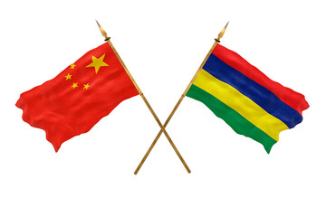 Background for designers. National Day. 3D model National flags  of People's Republic of China and Mauritius