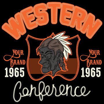 American Native indian with text Western conference and patch embroidered Varsity style.