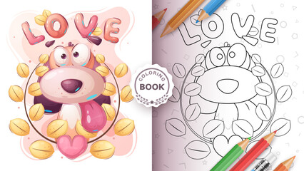 Coloring page cartoon character adorable dog, pretty animal idea for print t-shirt, poster and kids envelope, postcard. Cute hand drawn style puppy.