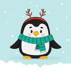 Fototapeta premium Christmas penguin with scarf and deer antlers on the background of snow