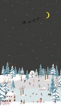 Winter scene with snowy playing kids in the park in small Village,Vector cute cartoon Wonderland forest landscape at Christmas night, Vertical greeting card or Banner for Christmas or New Year 2023