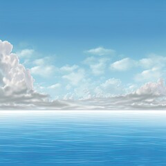 Wide panorama view of open ocean or sea with blue sky and light clouds, 3D illustration